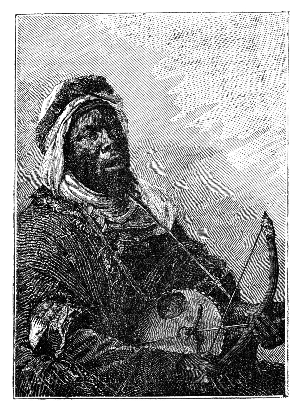 A West African griot storyteller playing a kora.